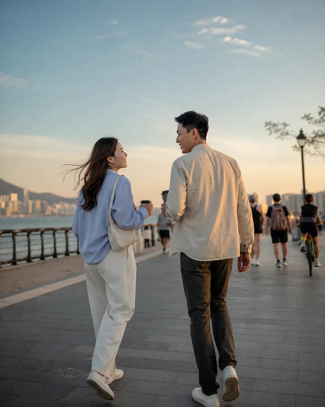 兩位香港成年人日落時沿住維港散步；品牌情境示意。