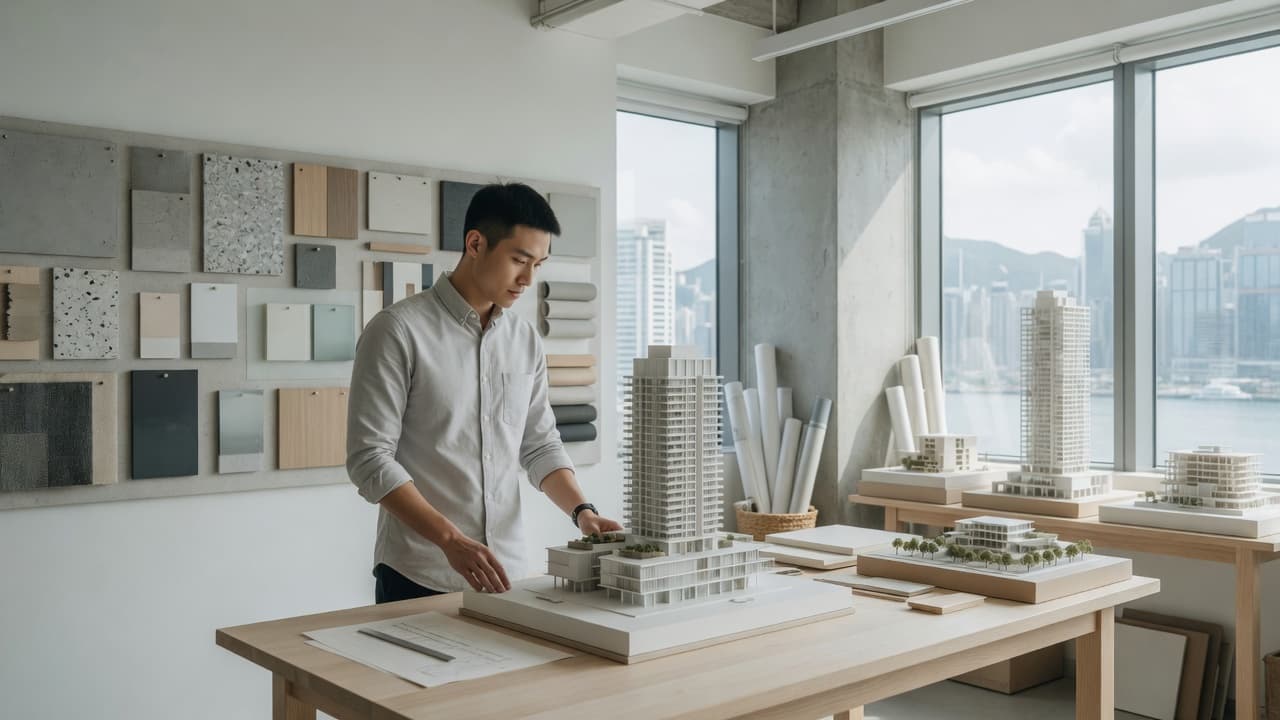 香港專業人士在工作室；品牌情境示意。