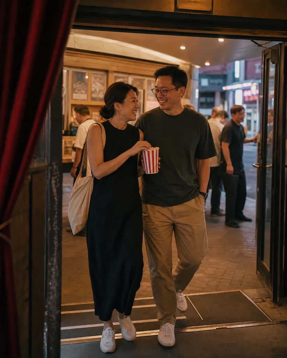 Two adults leave a Hong Kong cinema carrying popcorn; an illustrative campaign scene, not a photo of Another Half members.