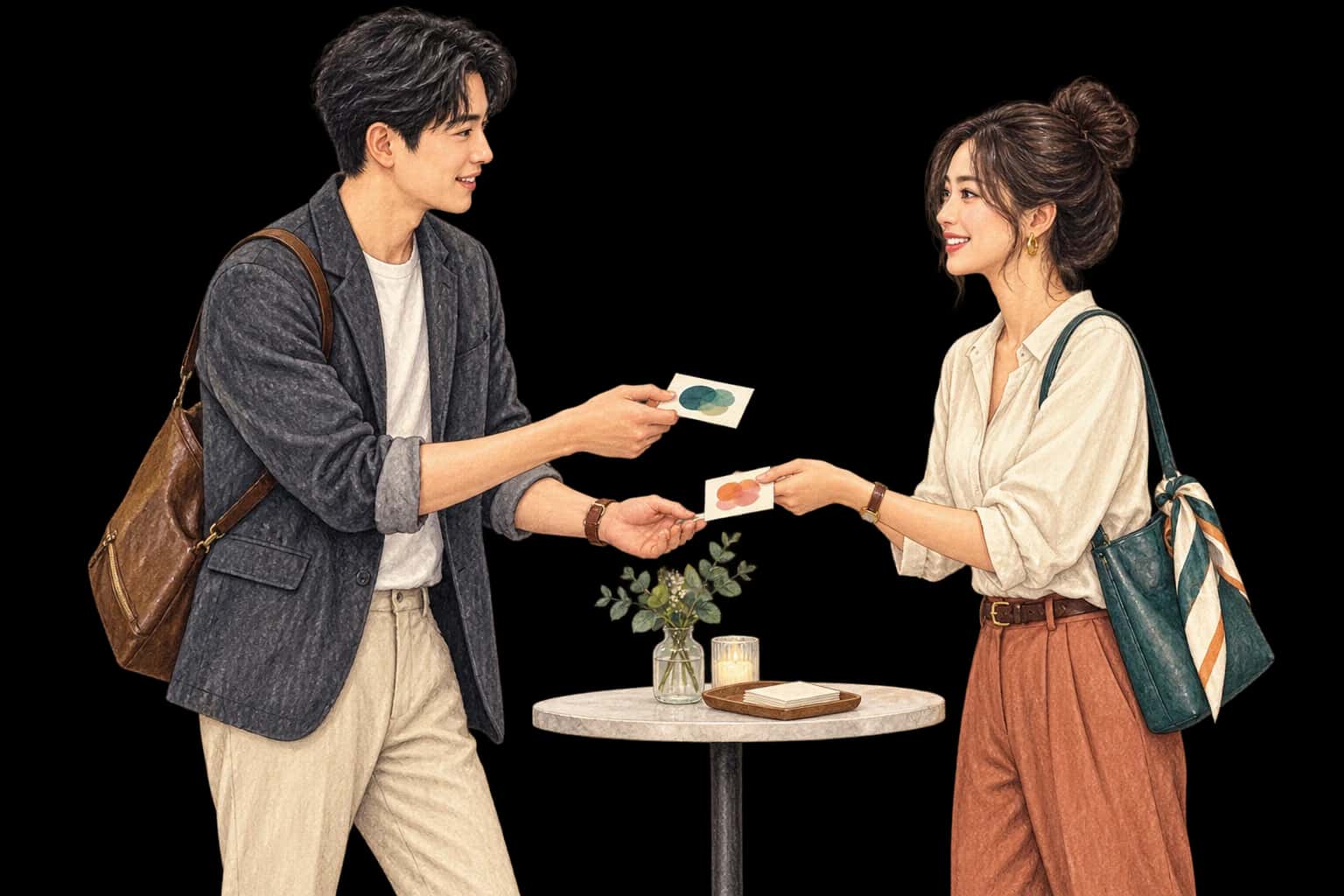Illustrated service scene of two people exchanging cards at a small table; not a member photo or testimonial.