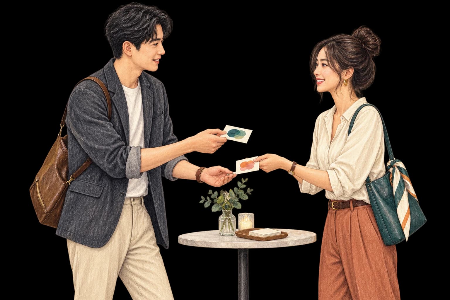 Illustrated service scene of two people exchanging cards at a small table; not a member photo or testimonial.