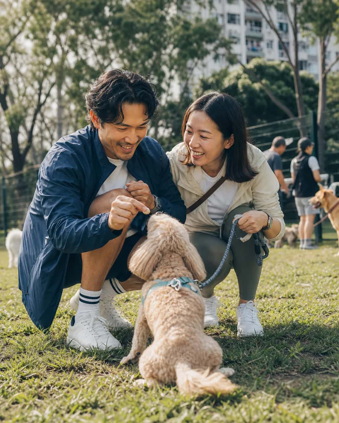 Illustrative Hong Kong dog-park conversation between two adults noticing their communication rhythm; not a member photo.