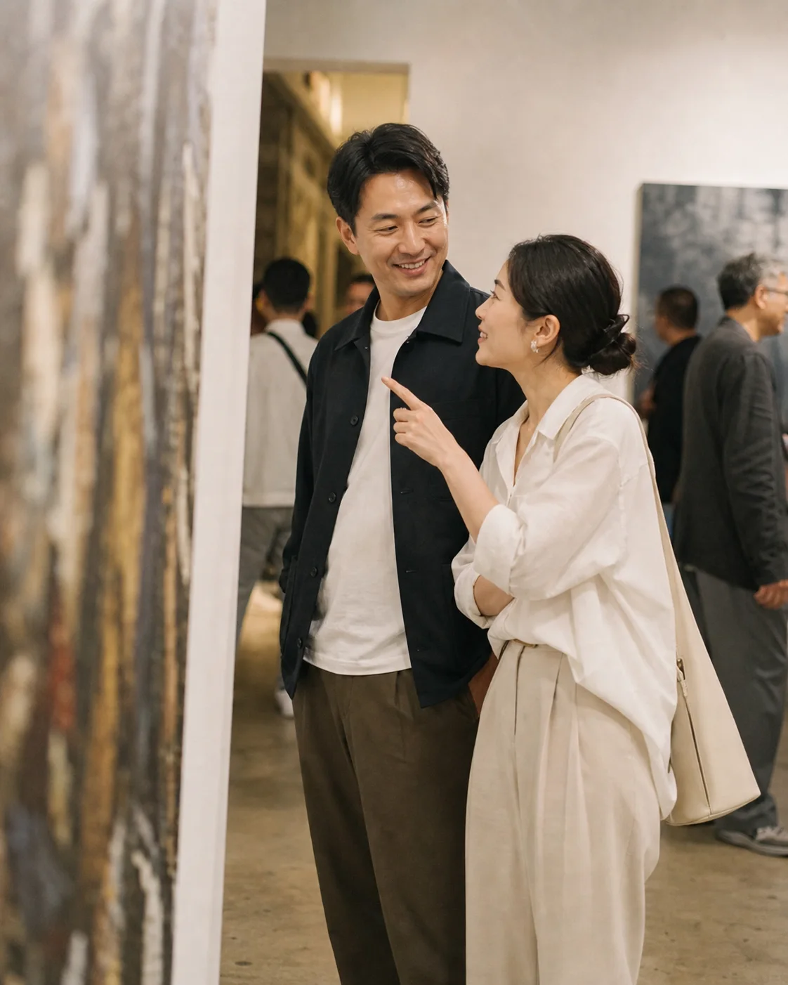 Illustrative Hong Kong art-gallery conversation between two adults checking in with each other; not a member photo.