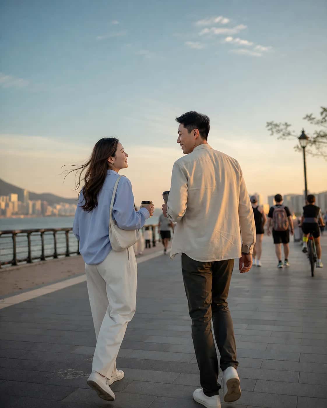 Two adults walk beside Hong Kong harbour with the skyline behind them; an illustrative campaign scene, not a member photo.