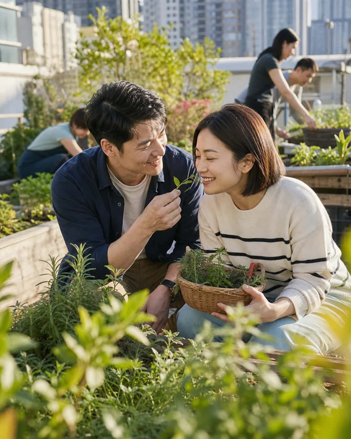 Illustrative Hong Kong rooftop-garden conversation between two adults among plants; not a member photo.