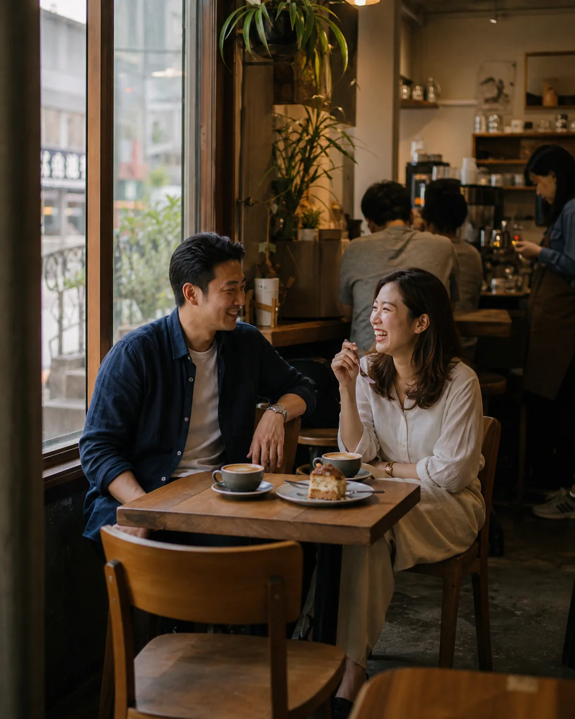Two adults having a thoughtful conversation in a Hong Kong café, an illustrative editorial scene and not a photo of Another Half members.