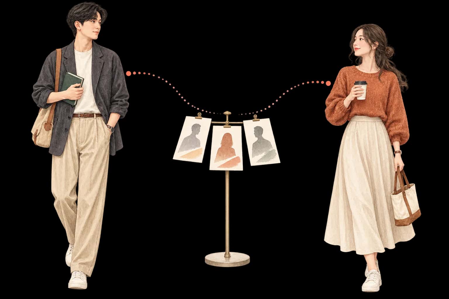 Illustrated service scene of two adults beside profile cards during matching; not a member photo or testimonial.