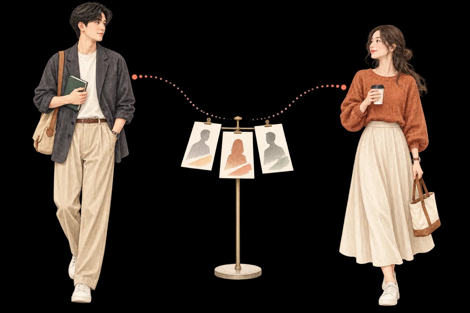 Illustrated service scene of two adults beside profile cards during matching; not a member photo or testimonial.