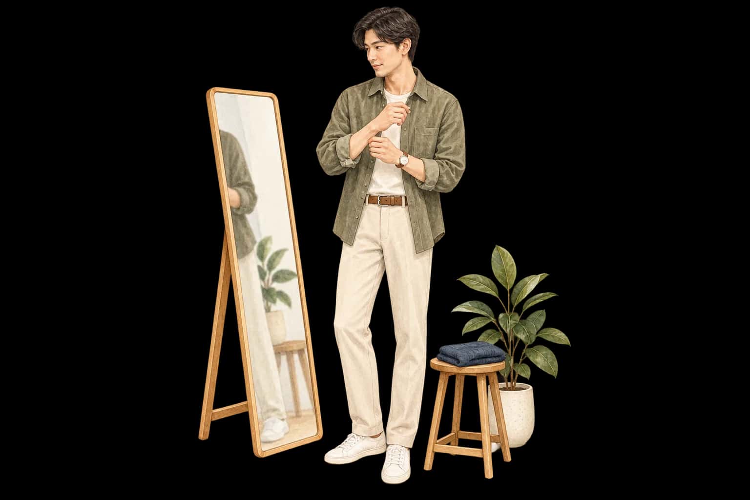 Illustrated service scene of an adult checking an outfit in a full-length mirror; not a member photo or testimonial.