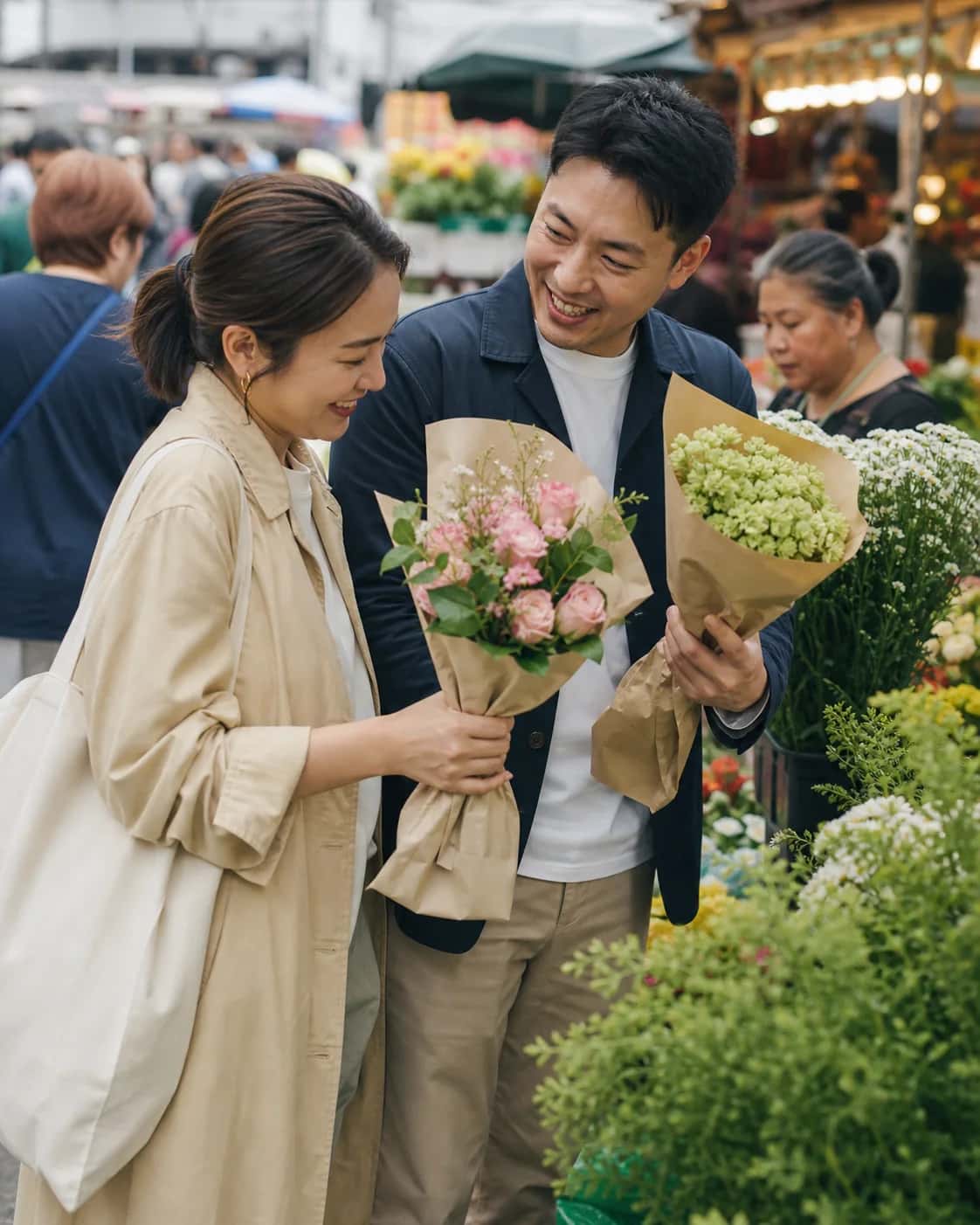 Two adults hold bouquets at a Hong Kong flower market; an illustrative campaign scene, not a photo of Another Half members.