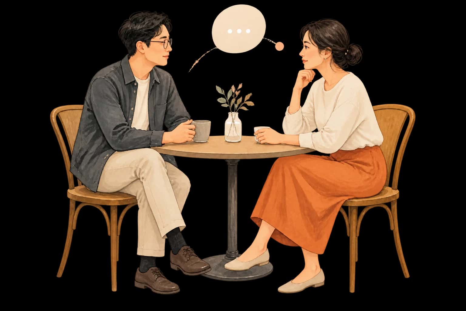 Illustrated service scene of two people talking over a café table with a message bubble; not a member photo or testimonial.