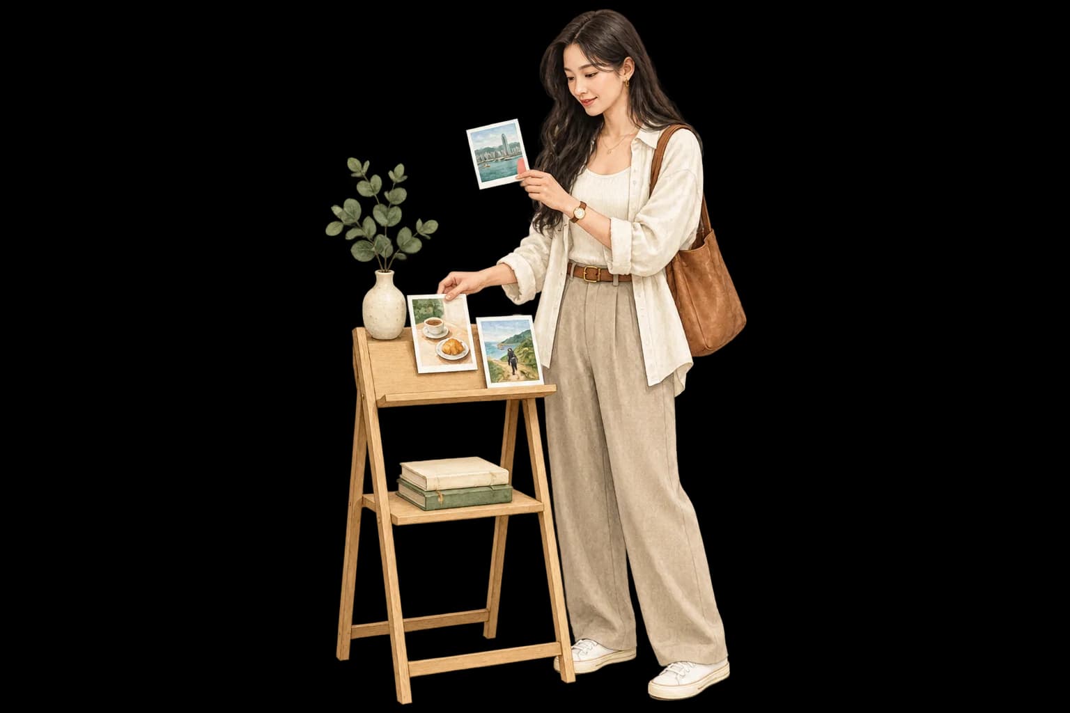 Illustrated service scene of an adult showing several photo cards; not a member photo or testimonial.