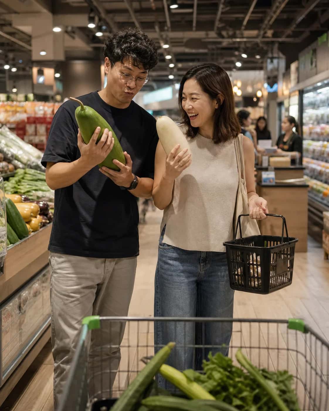 Illustrative Hong Kong market scene with vegetables where two adults make time to talk; not a member photo.
