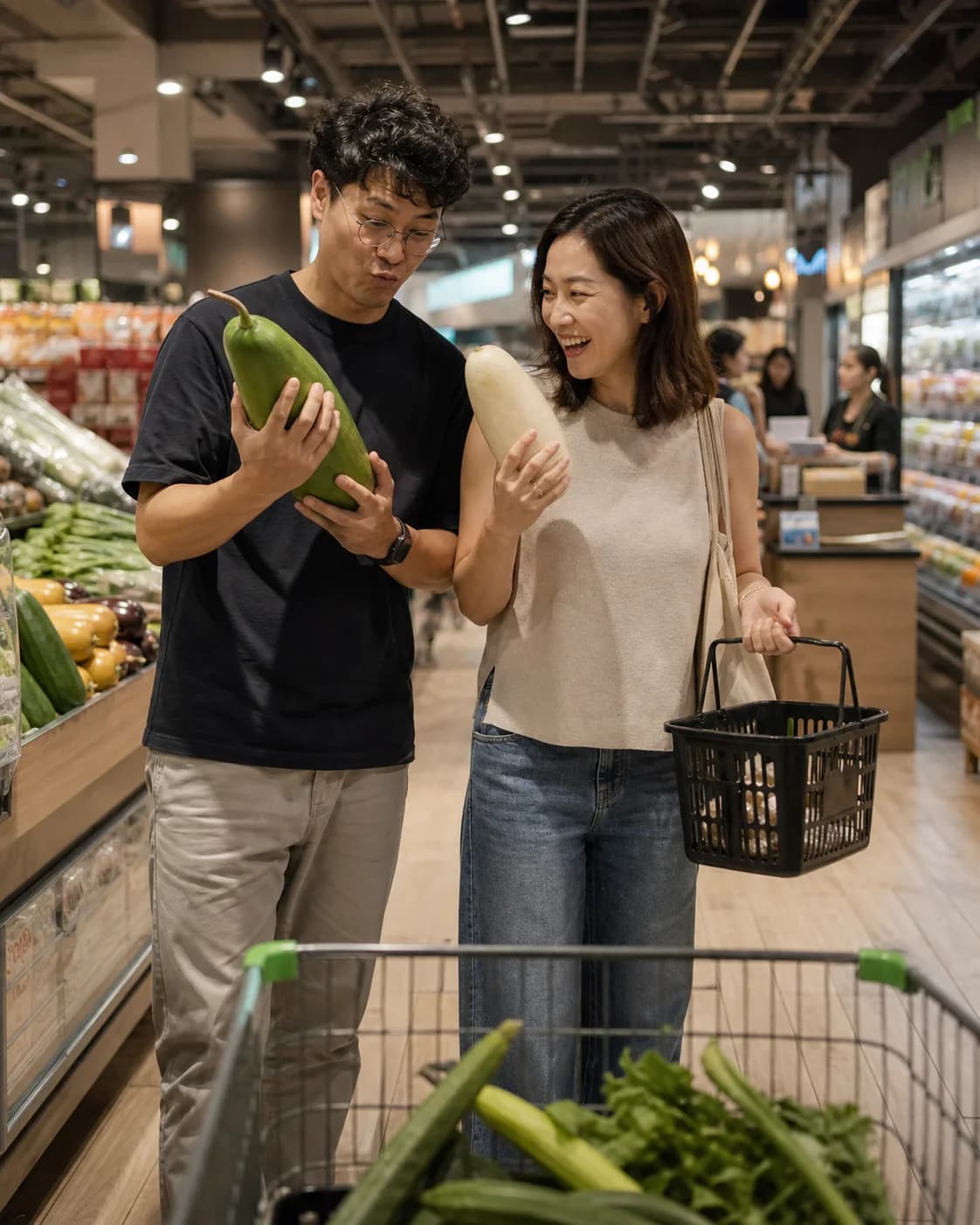 Illustrative Hong Kong market scene with vegetables where two adults make time to talk; not a member photo.