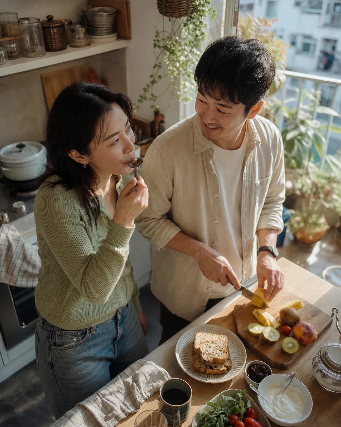Two adults prepare breakfast together in a home kitchen; an illustrative campaign scene, not a photo of Another Half members.