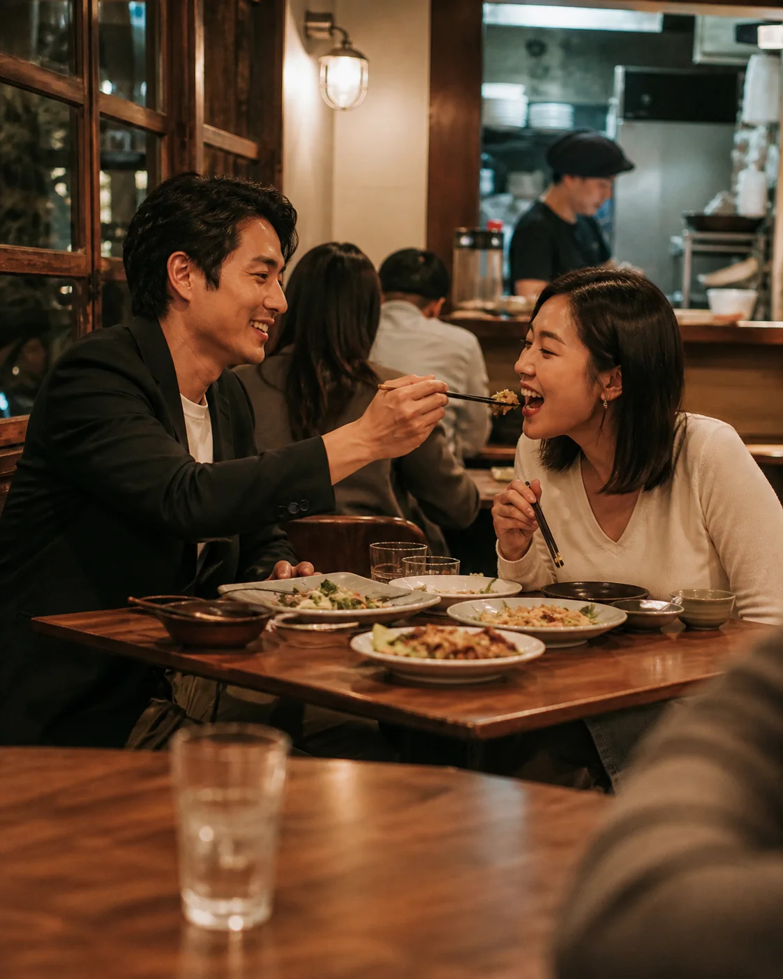 Illustrative brand scene of two adults sharing food at a restaurant table; not a member photo or testimonial.